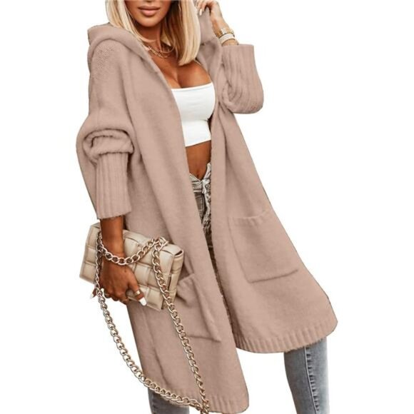 Womens Long Cardigans Cable Knitted OpenFront Oversized Hooded Outerwear Sweater - Picture 1 of 5